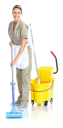 Woman janitor cleaning a sparkling clean floor with a mop and bucket.